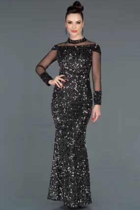 16015 Black-Silver Transparent Tulle Detail Sequins Dress