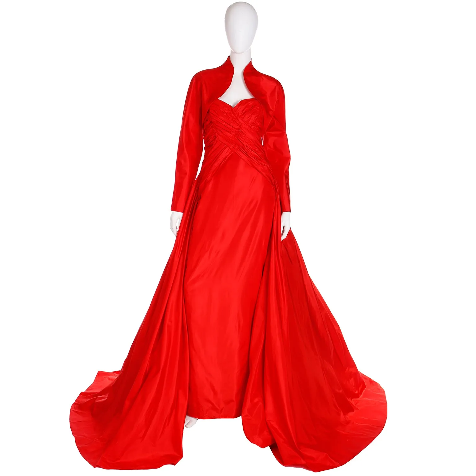 1980s Karl Lagerfeld Fendi Red Silk Satin Strapless Evening Dress w Bolero