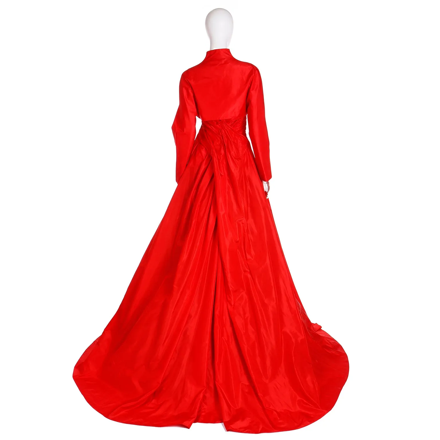 1980s Karl Lagerfeld Fendi Red Silk Satin Strapless Evening Dress w Bolero