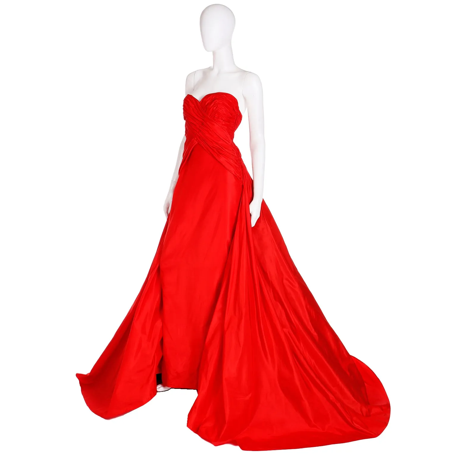 1980s Karl Lagerfeld Fendi Red Silk Satin Strapless Evening Dress w Bolero