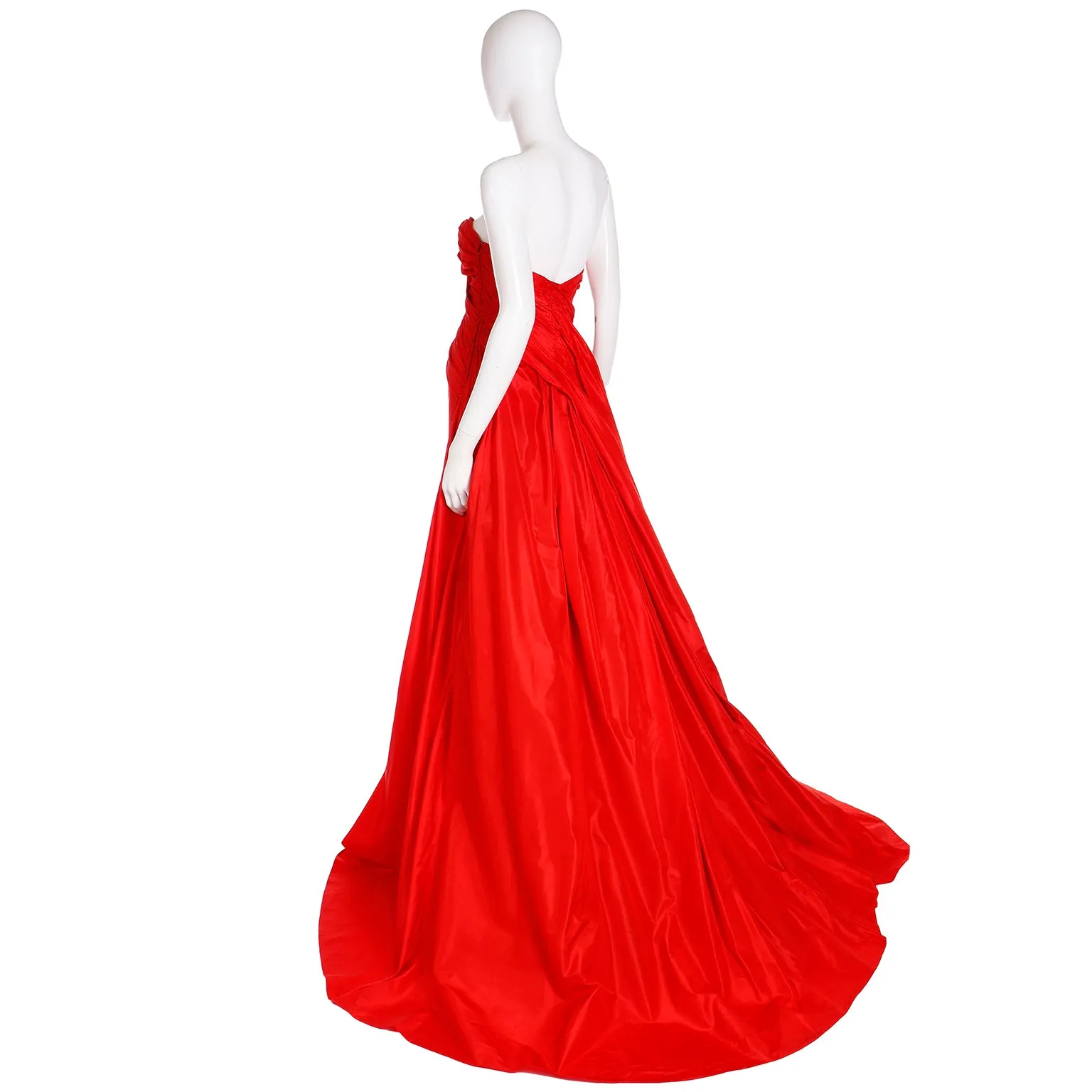 1980s Karl Lagerfeld Fendi Red Silk Satin Strapless Evening Dress w Bolero