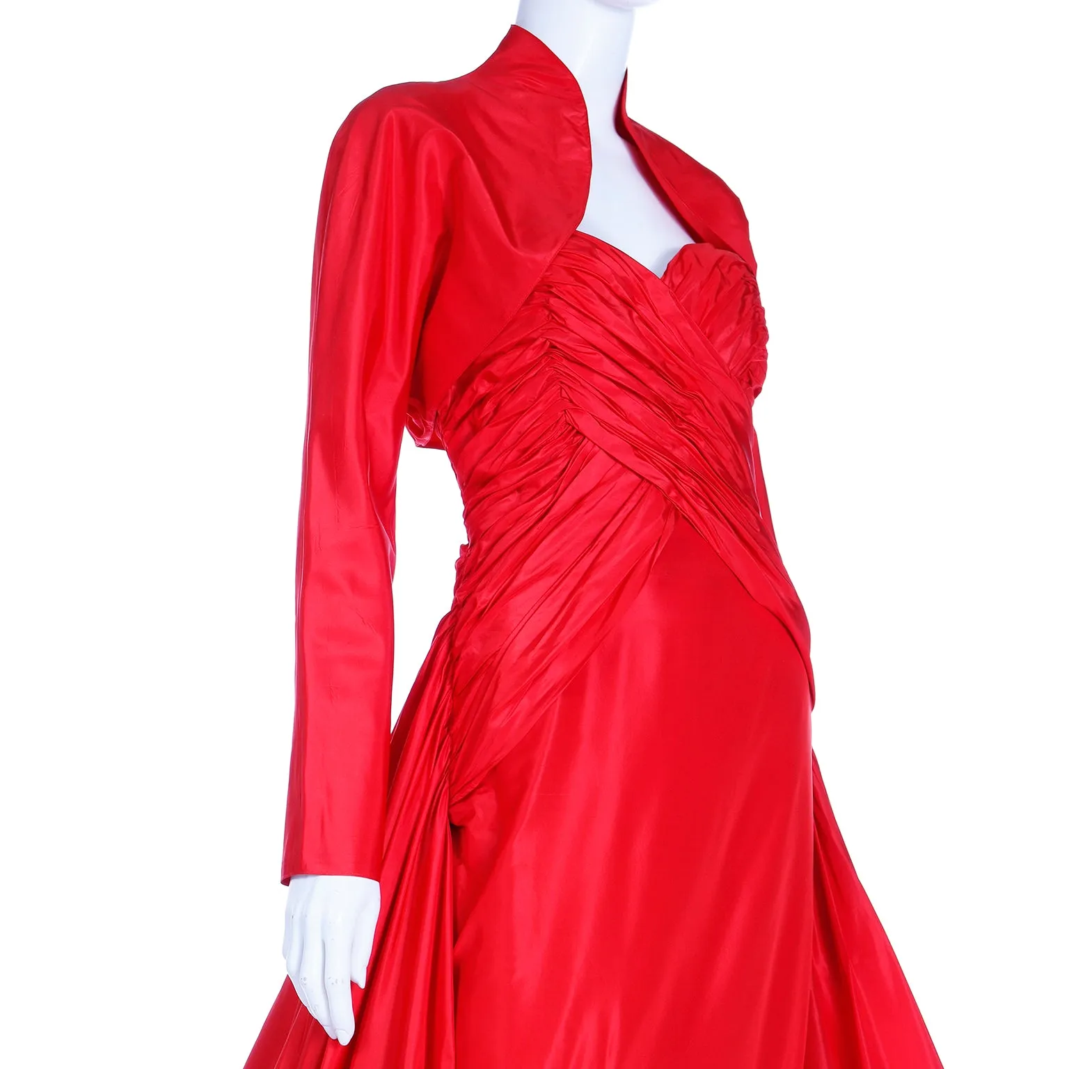 1980s Karl Lagerfeld Fendi Red Silk Satin Strapless Evening Dress w Bolero