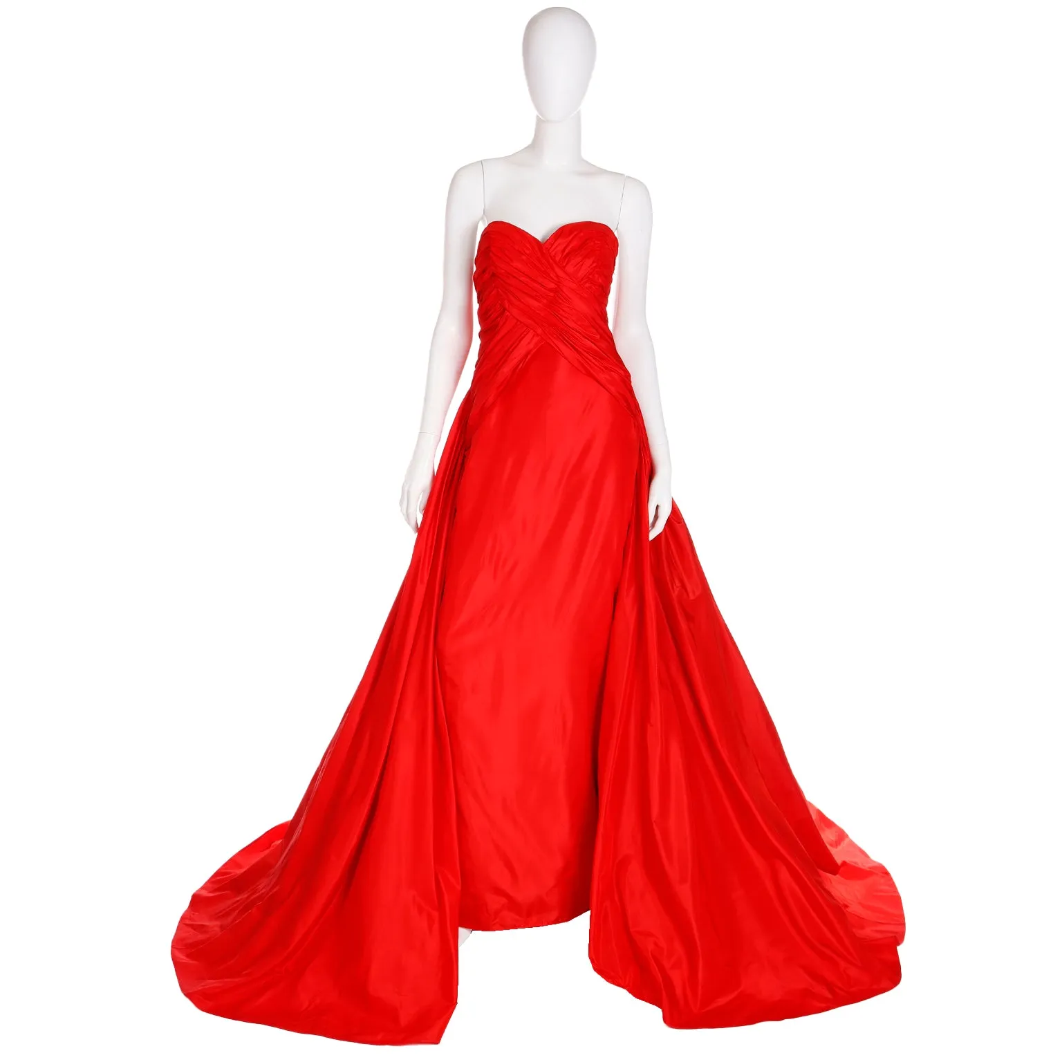 1980s Karl Lagerfeld Fendi Red Silk Satin Strapless Evening Dress w Bolero