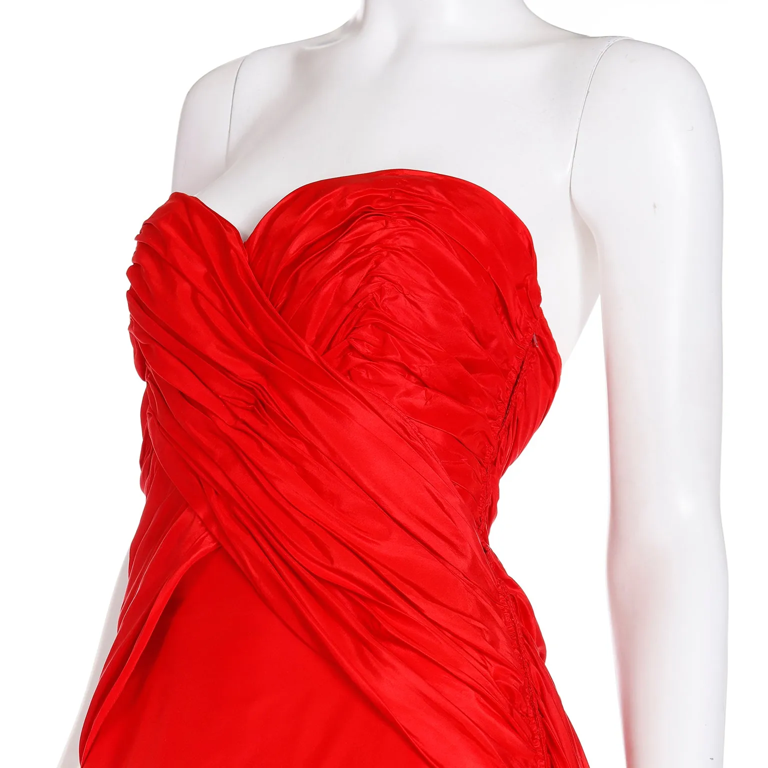 1980s Karl Lagerfeld Fendi Red Silk Satin Strapless Evening Dress w Bolero