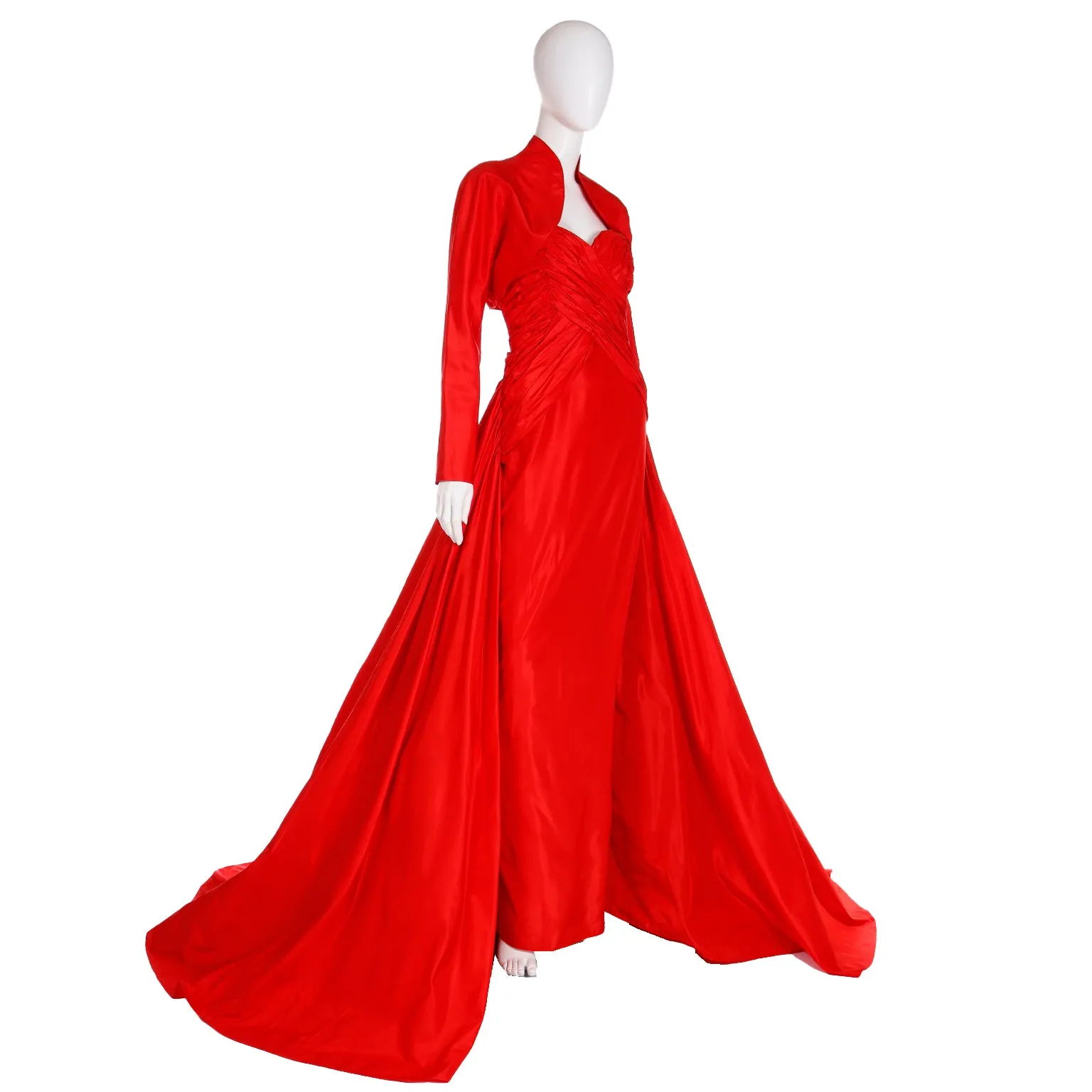 1980s Karl Lagerfeld Fendi Red Silk Satin Strapless Evening Dress w Bolero