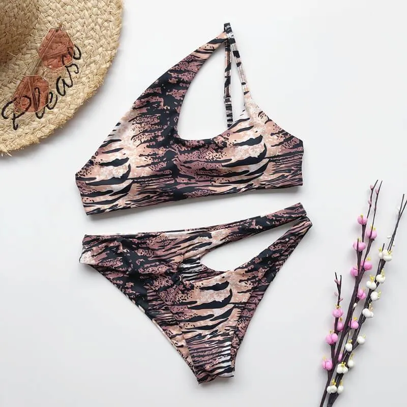 Animal Print One Shoulder Cutout Thong Bottom Bikinis