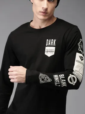 Black Cotton Blend Round Neck Full Sleeves T-shirt For Men