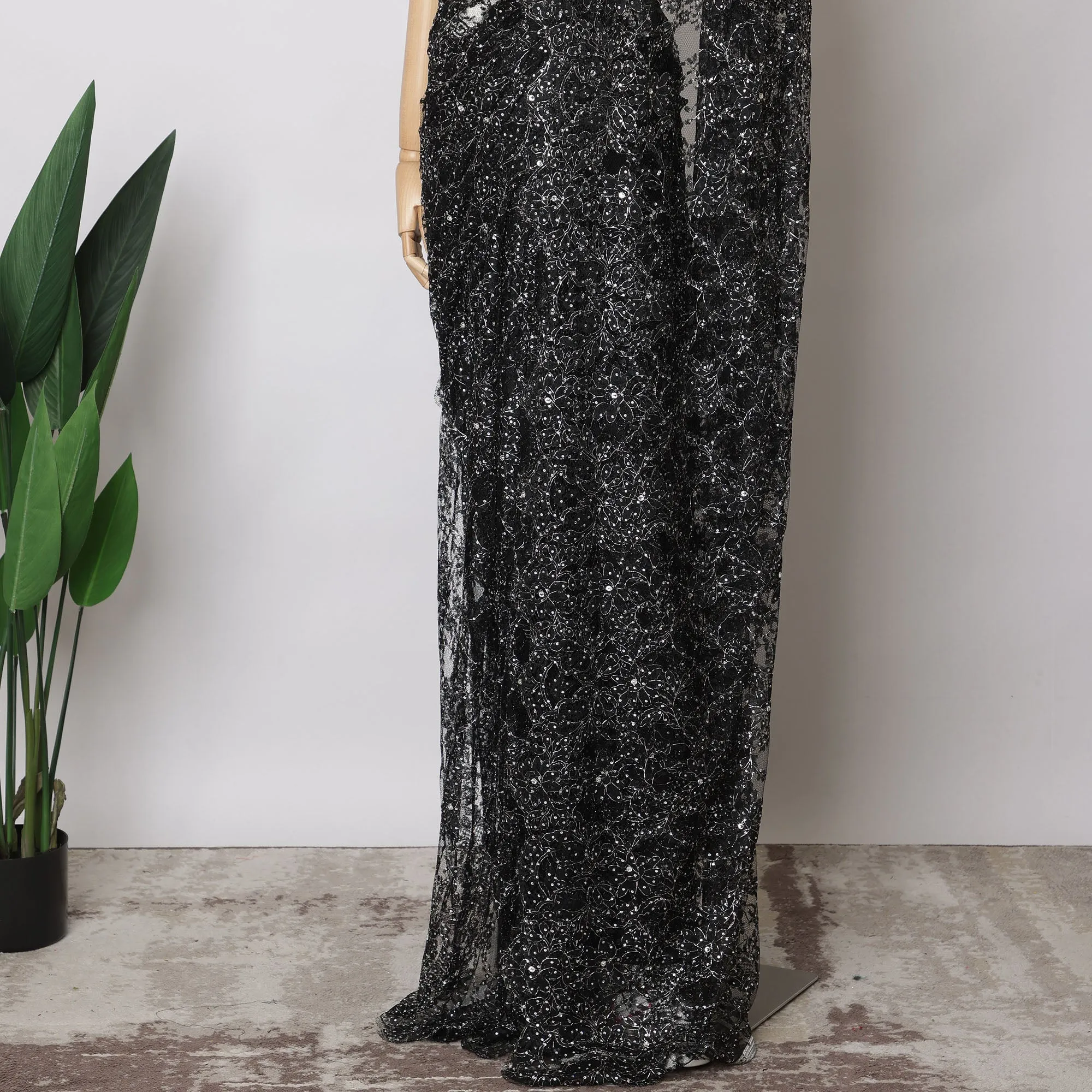 Black French Lurex Chantilly Lace Saree with stone work, Premium Outline Design, 5.5 Meters-110 Cms-D21031