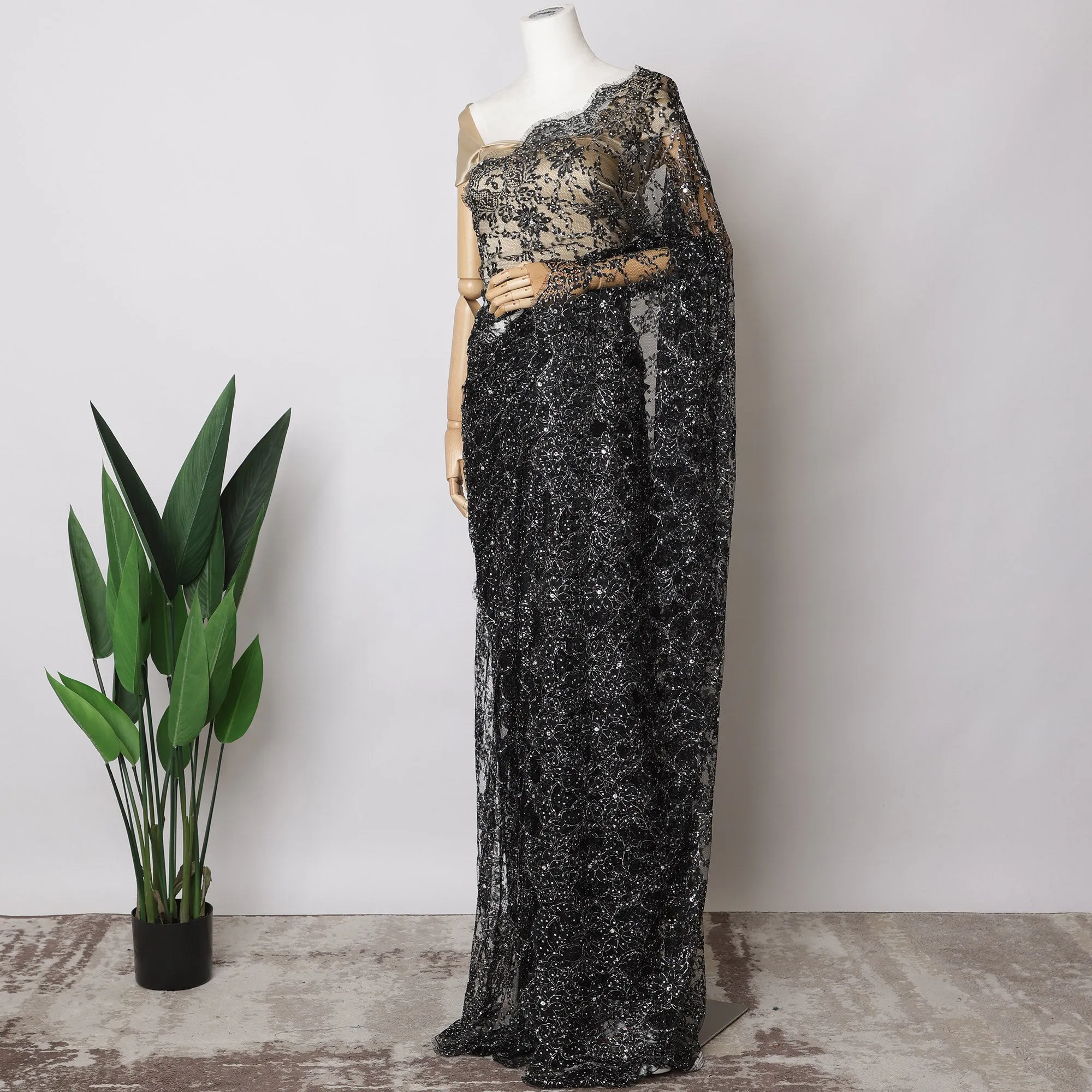 Black French Lurex Chantilly Lace Saree with stone work, Premium Outline Design, 5.5 Meters-110 Cms-D21031