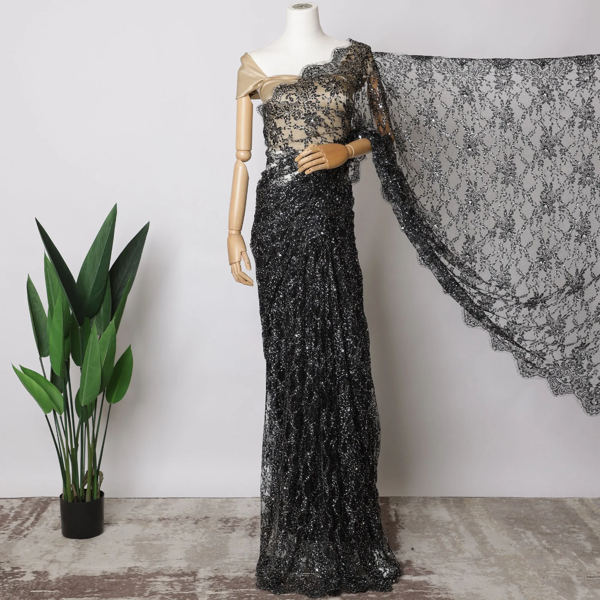 Black French Lurex Chantilly Lace Saree with stone work, Premium Outline Design, 5.5 Meters-110 Cms-D21031