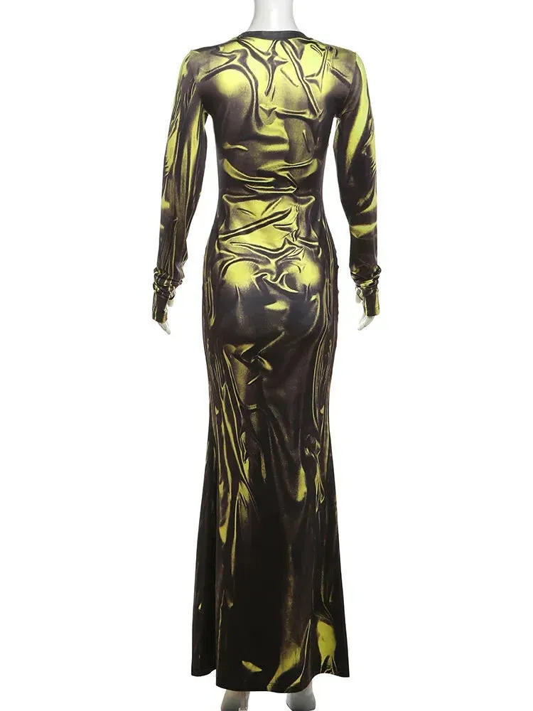 Black Gold 3D Print Gala Maxi Dress