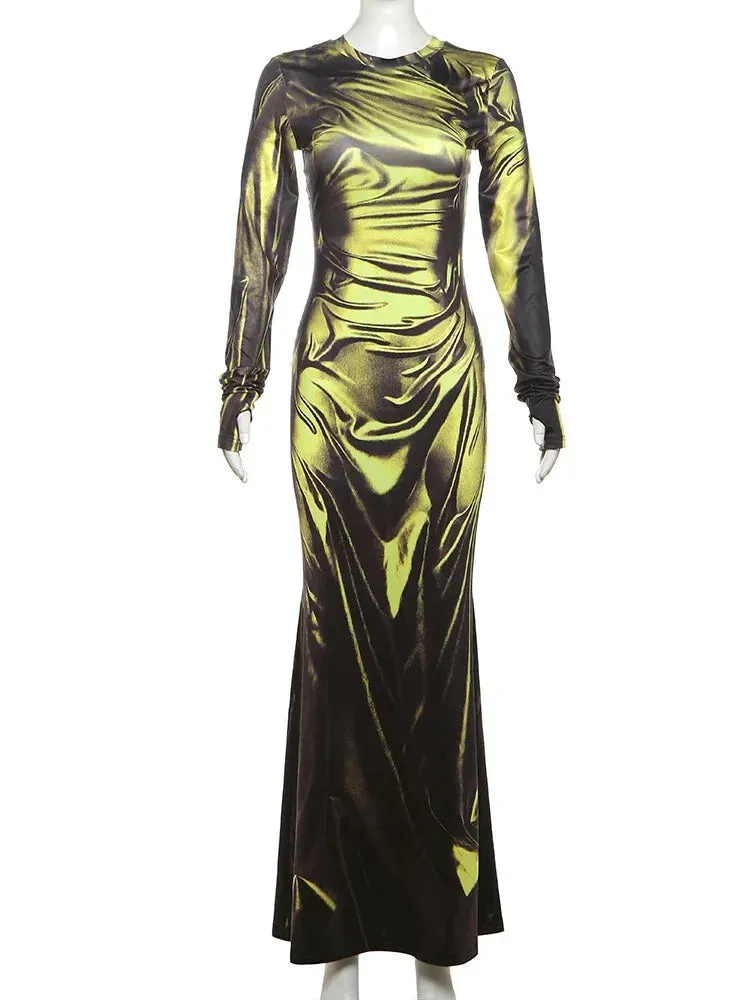 Black Gold 3D Print Gala Maxi Dress