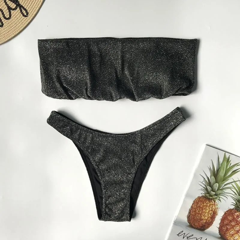 Black Sparkle Mid Rise Thong Bottom Tube Bikinis