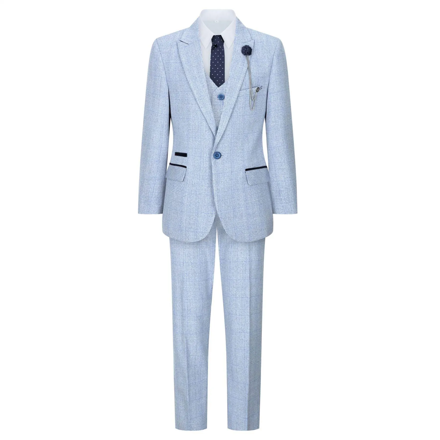 Boys 3 Piece Check Suit Tweed Light Blue Tailored Fit Wedding Peaky Classic