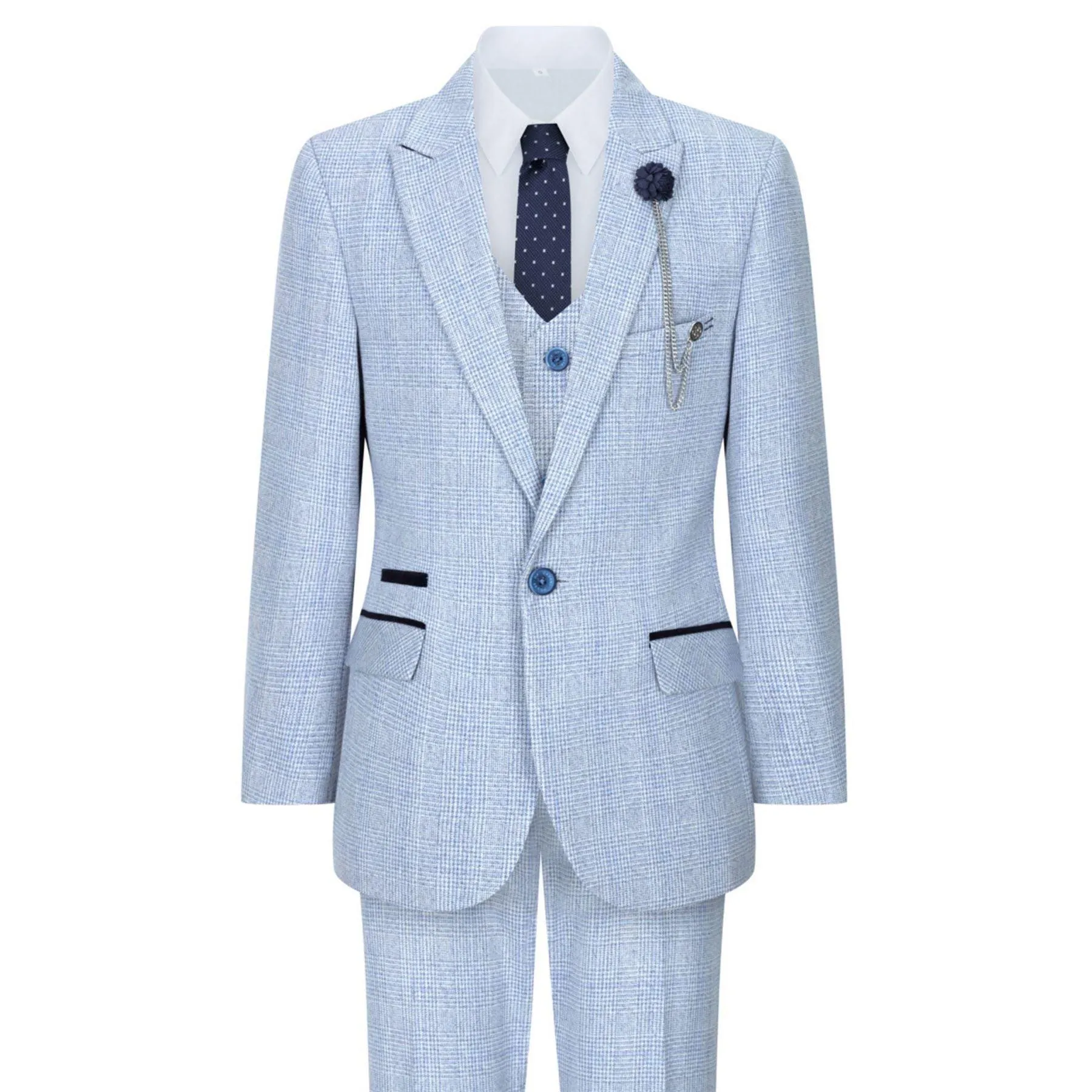 Boys 3 Piece Check Suit Tweed Light Blue Tailored Fit Wedding Peaky Classic