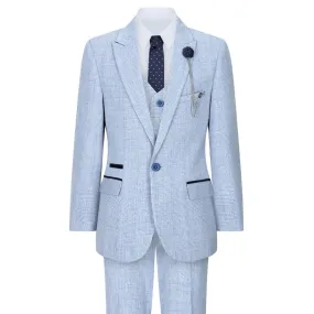 Boys 3 Piece Check Suit Tweed Light Blue Tailored Fit Wedding Peaky Classic