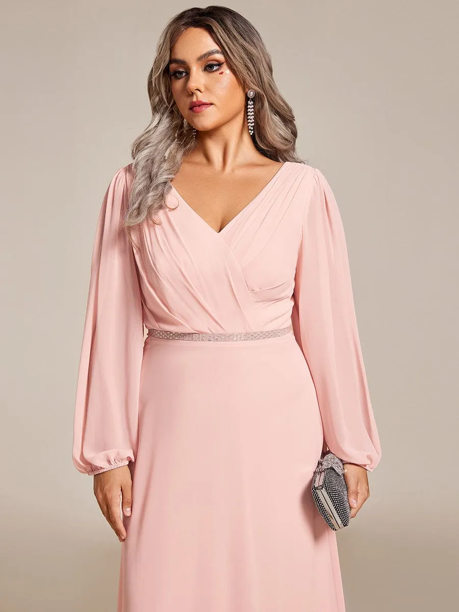 Clara | Plus Size A-Line V-Neck See-Through Long Sleeves Shiny Belt Chiffon Evening Dress