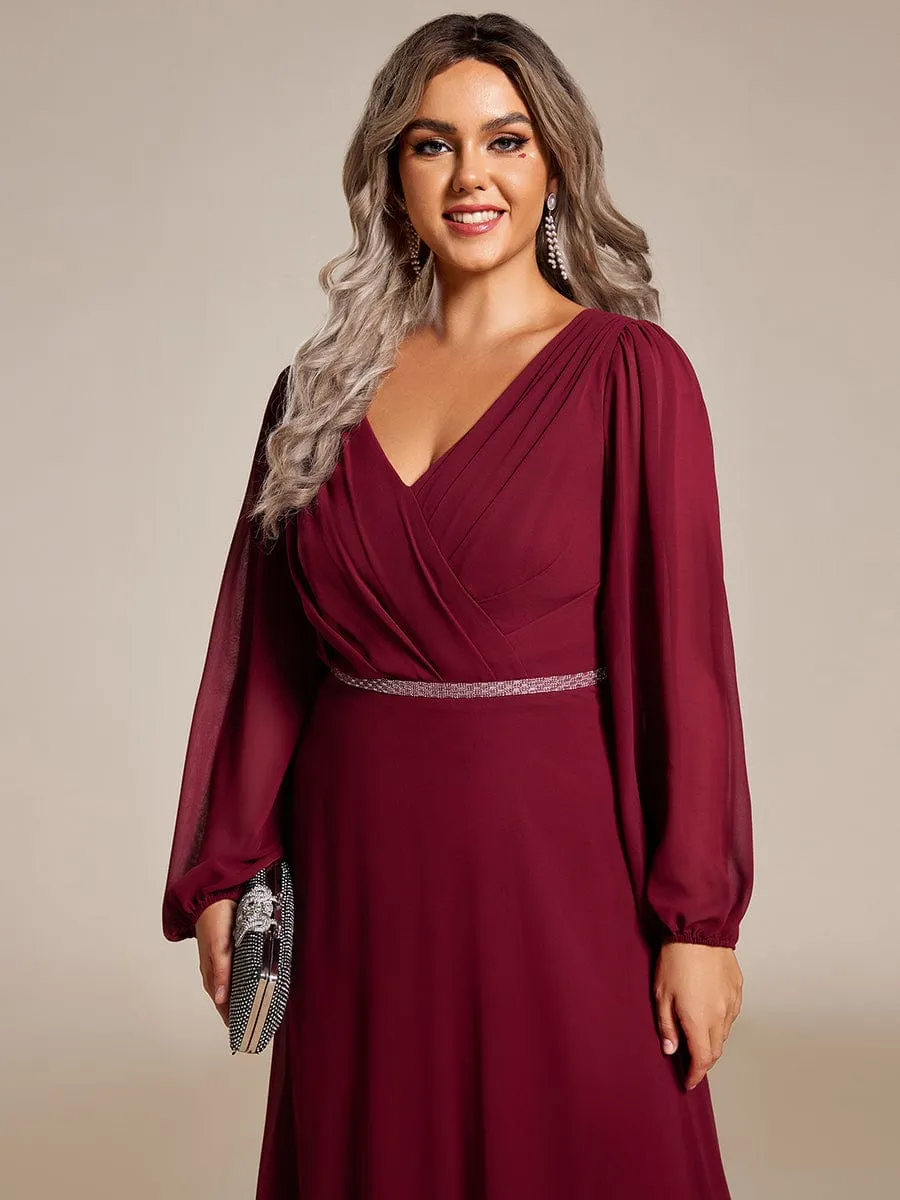 Clara | Plus Size A-Line V-Neck See-Through Long Sleeves Shiny Belt Chiffon Evening Dress