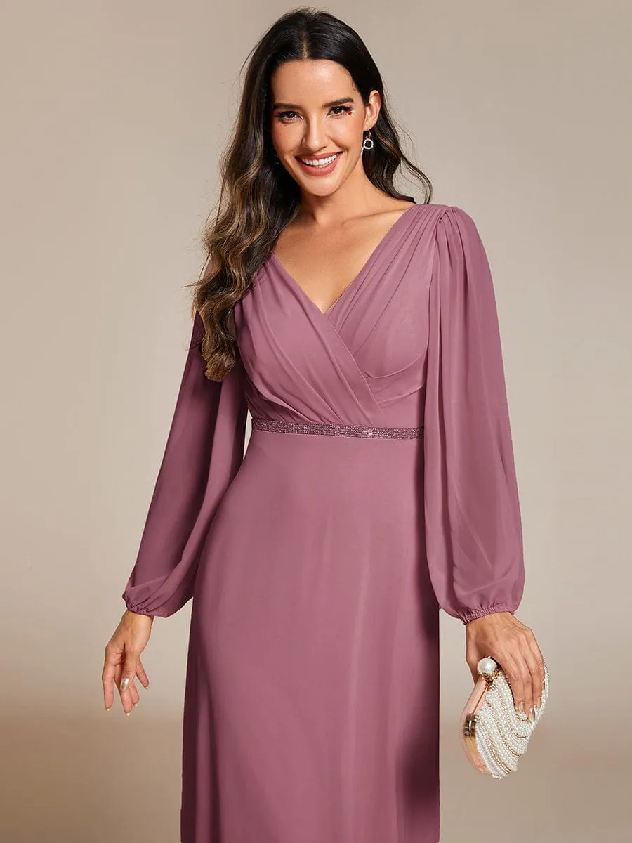 Clara | Plus Size A-Line V-Neck See-Through Long Sleeves Shiny Belt Chiffon Evening Dress