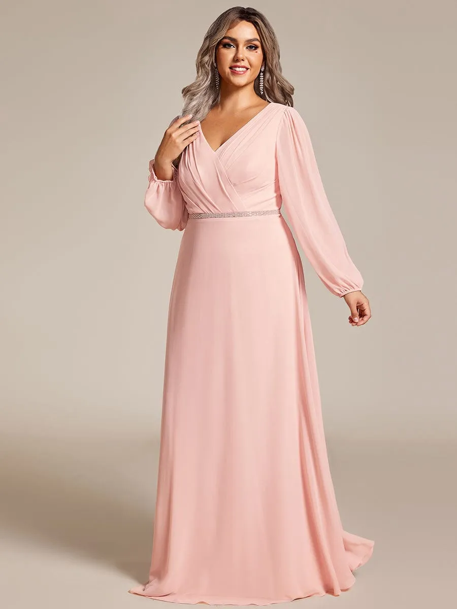 Clara | Plus Size A-Line V-Neck See-Through Long Sleeves Shiny Belt Chiffon Evening Dress