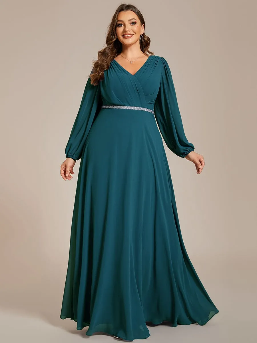 Clara | Plus Size A-Line V-Neck See-Through Long Sleeves Shiny Belt Chiffon Evening Dress