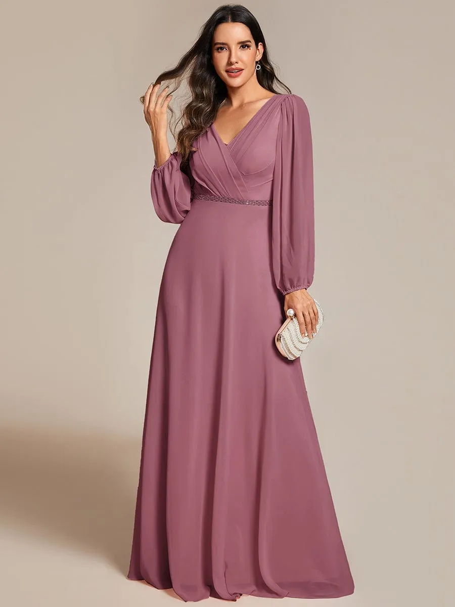 Clara | Plus Size A-Line V-Neck See-Through Long Sleeves Shiny Belt Chiffon Evening Dress