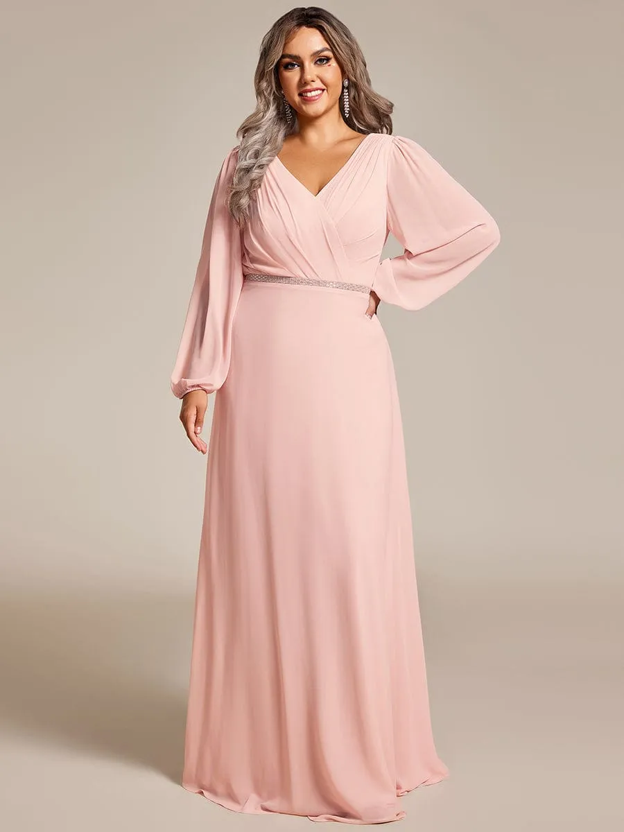 Clara | Plus Size A-Line V-Neck See-Through Long Sleeves Shiny Belt Chiffon Evening Dress