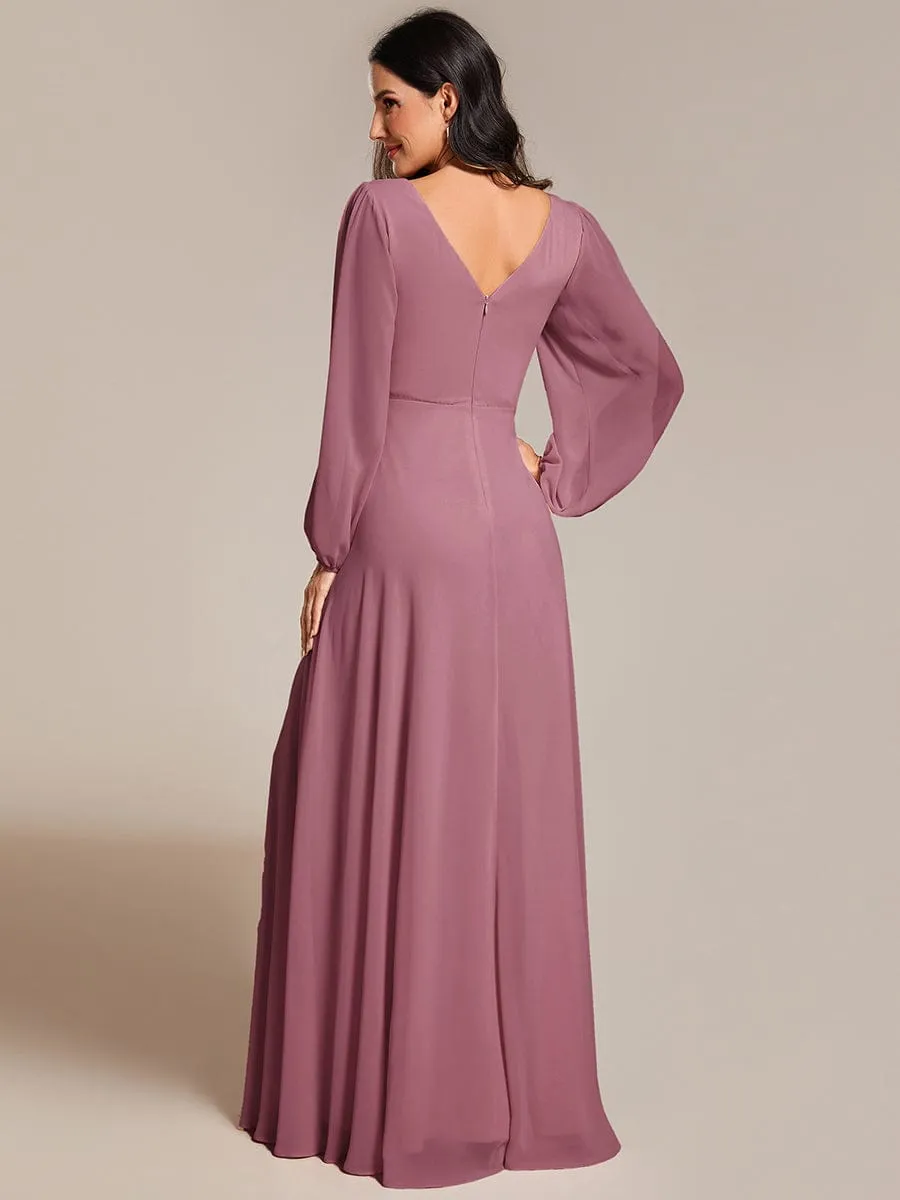 Clara | Plus Size A-Line V-Neck See-Through Long Sleeves Shiny Belt Chiffon Evening Dress