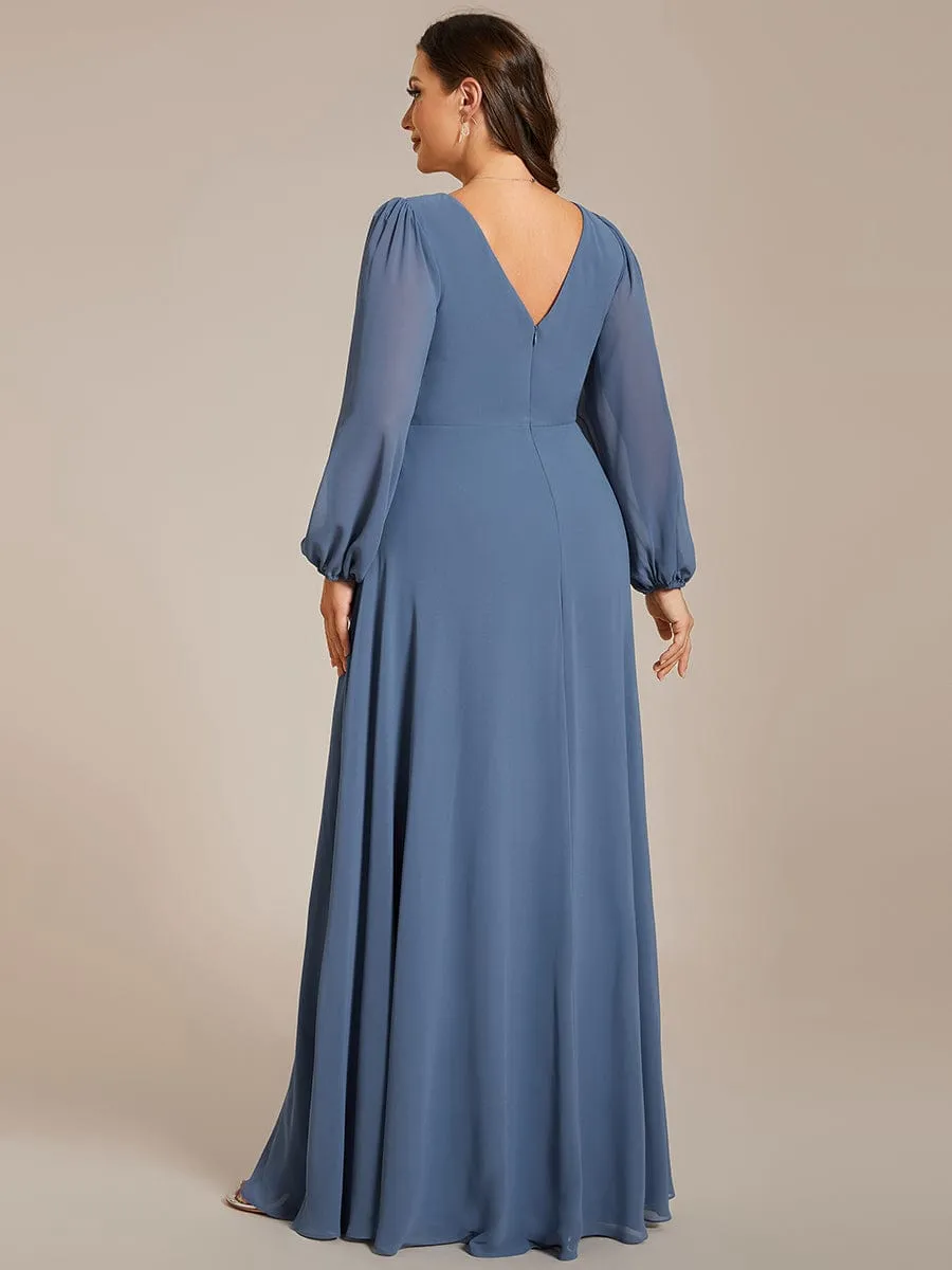 Clara | Plus Size A-Line V-Neck See-Through Long Sleeves Shiny Belt Chiffon Evening Dress