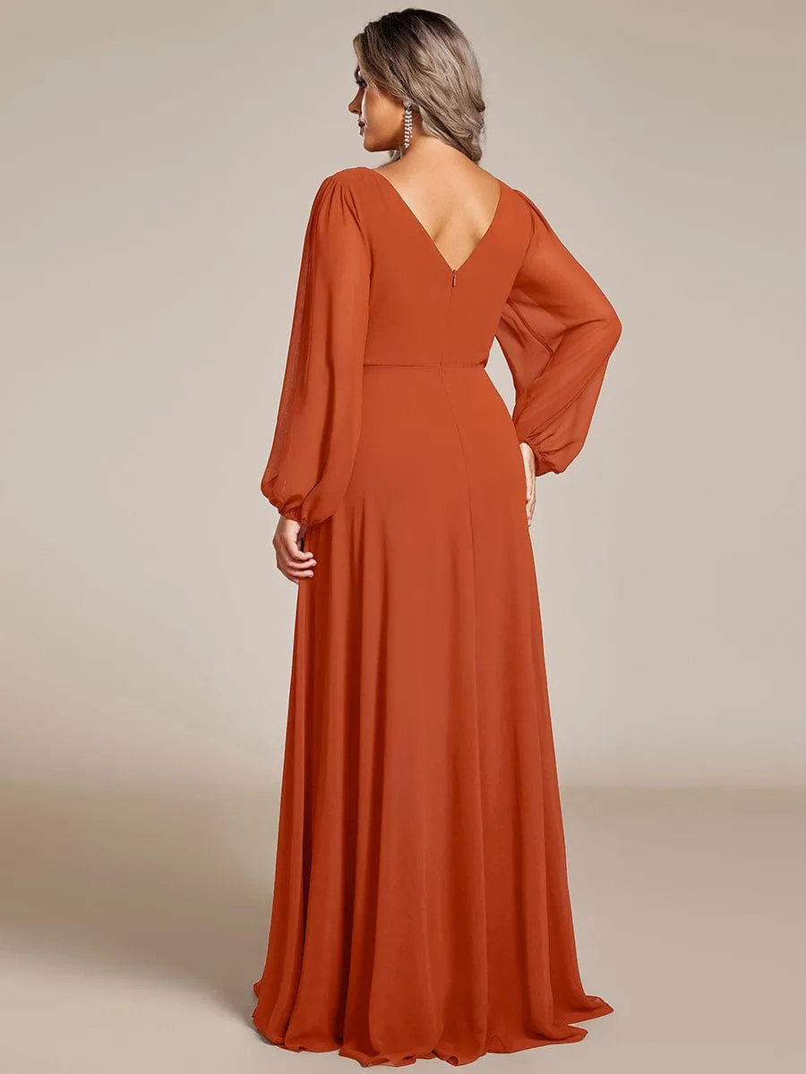 Clara | Plus Size A-Line V-Neck See-Through Long Sleeves Shiny Belt Chiffon Evening Dress