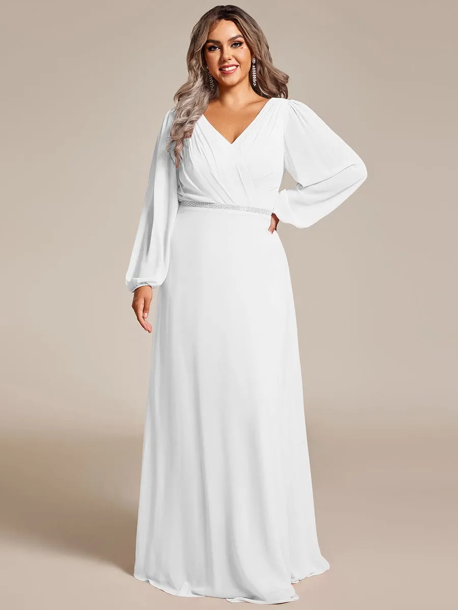 Clara | Plus Size A-Line V-Neck See-Through Long Sleeves Shiny Belt Chiffon Evening Dress