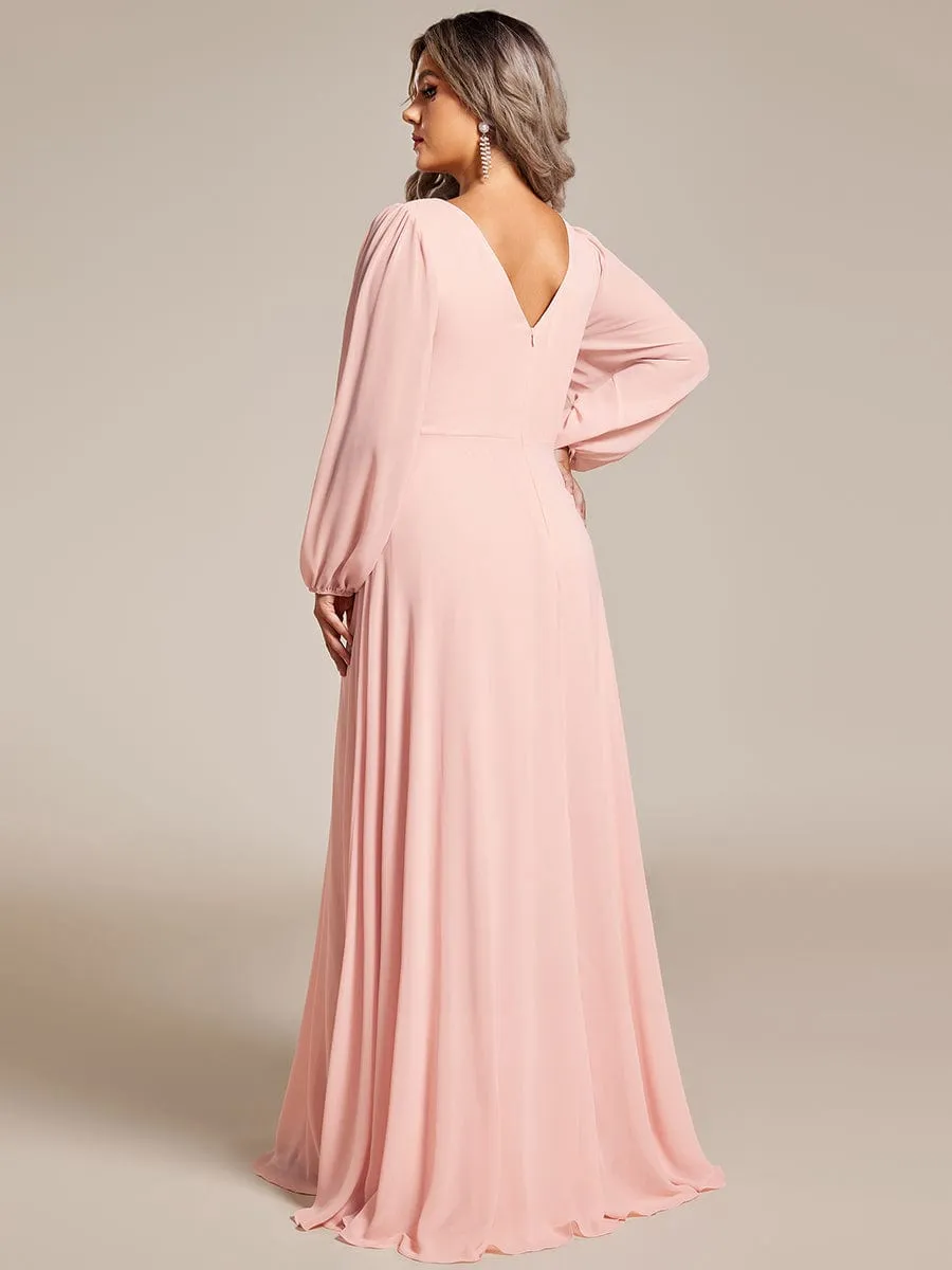 Clara | Plus Size A-Line V-Neck See-Through Long Sleeves Shiny Belt Chiffon Evening Dress