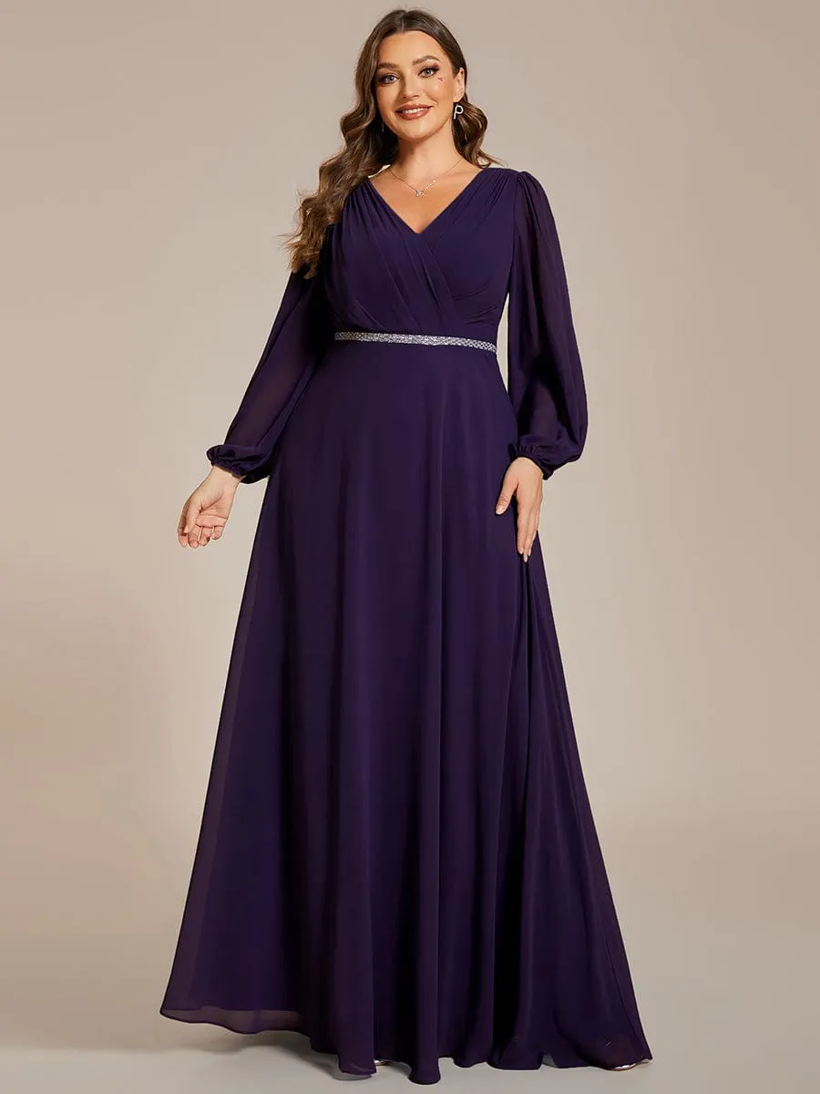 Clara | Plus Size A-Line V-Neck See-Through Long Sleeves Shiny Belt Chiffon Evening Dress