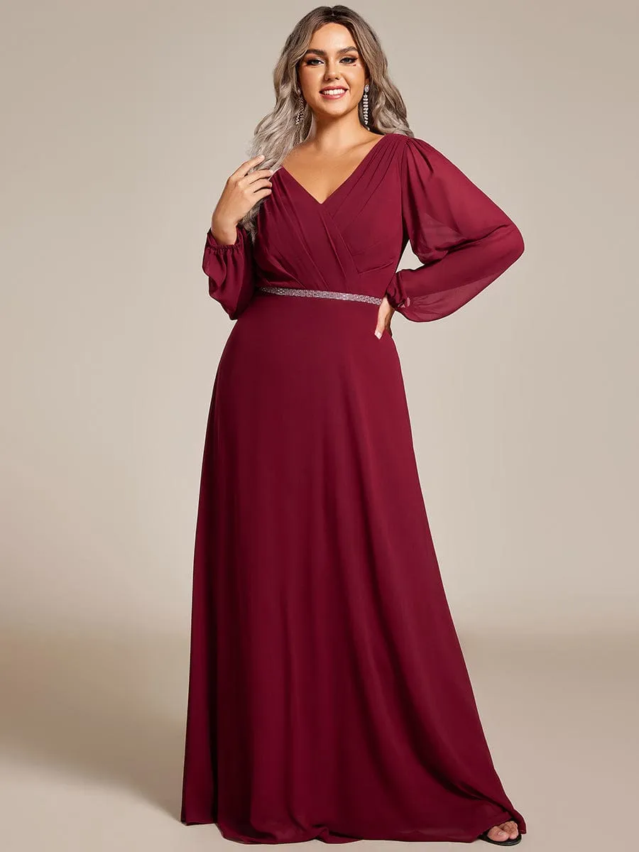 Clara | Plus Size A-Line V-Neck See-Through Long Sleeves Shiny Belt Chiffon Evening Dress