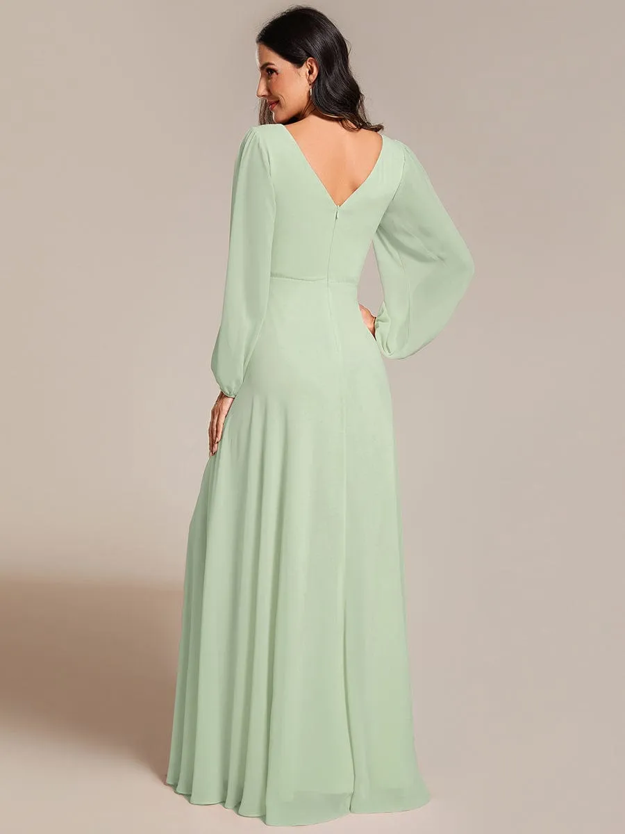 Clara | Plus Size A-Line V-Neck See-Through Long Sleeves Shiny Belt Chiffon Evening Dress