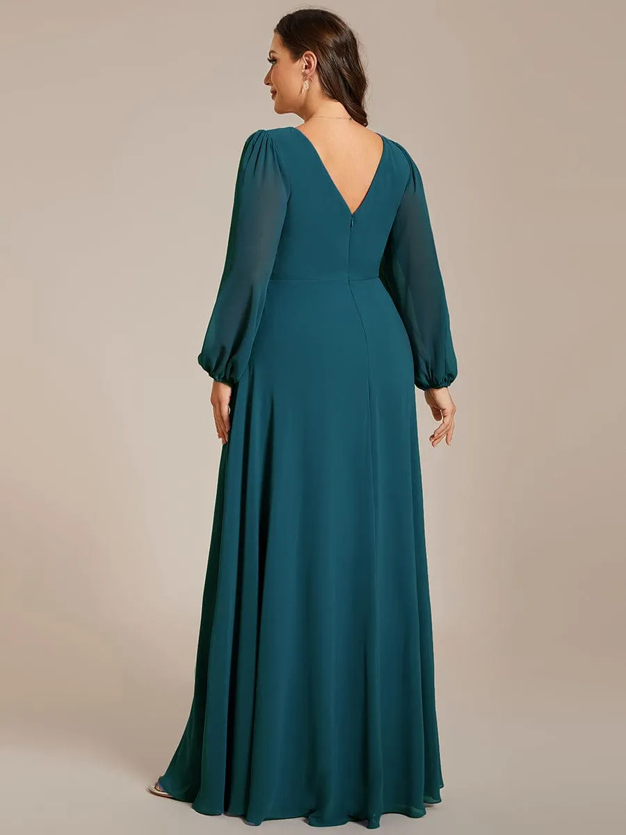 Clara | Plus Size A-Line V-Neck See-Through Long Sleeves Shiny Belt Chiffon Evening Dress