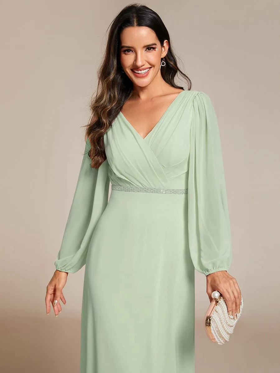 Clara | Plus Size A-Line V-Neck See-Through Long Sleeves Shiny Belt Chiffon Evening Dress