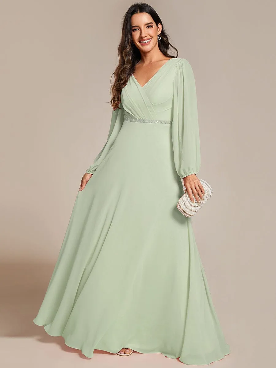 Clara | Plus Size A-Line V-Neck See-Through Long Sleeves Shiny Belt Chiffon Evening Dress