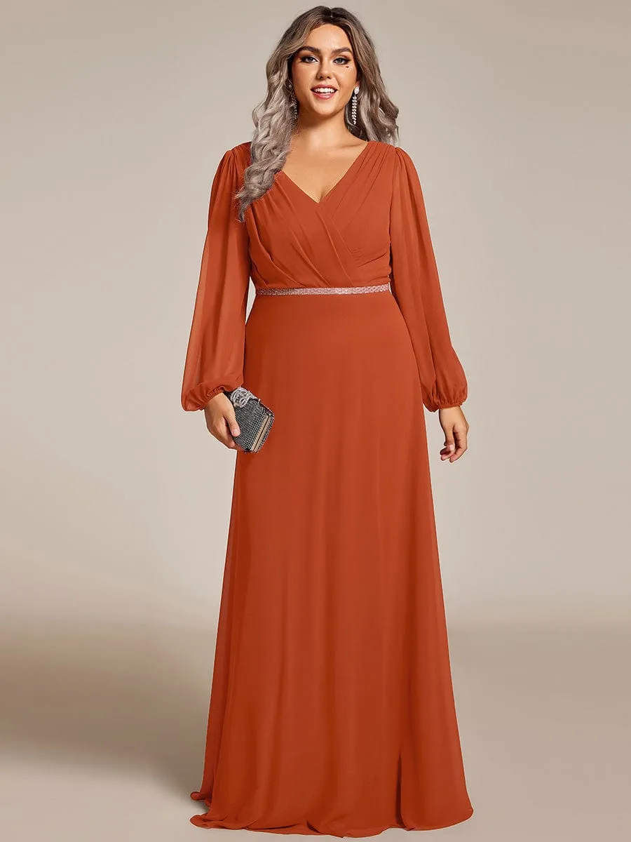 Clara | Plus Size A-Line V-Neck See-Through Long Sleeves Shiny Belt Chiffon Evening Dress