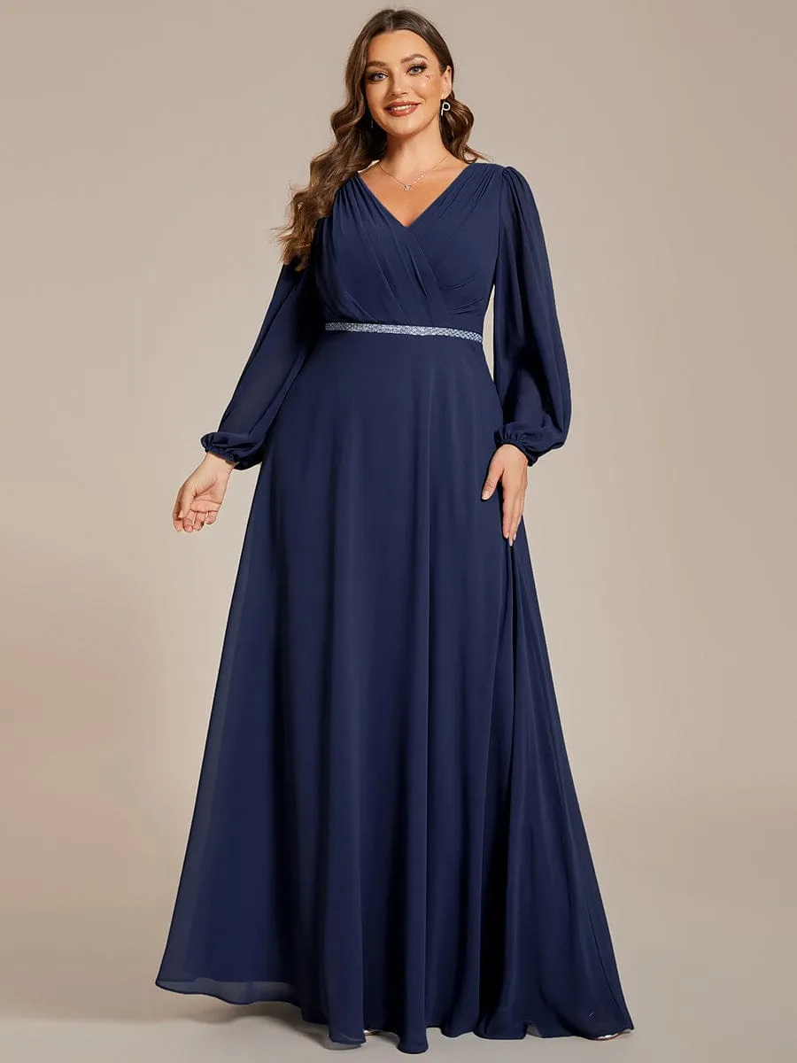 Clara | Plus Size A-Line V-Neck See-Through Long Sleeves Shiny Belt Chiffon Evening Dress