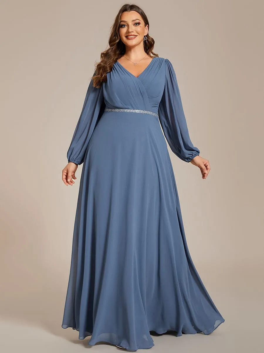 Clara | Plus Size A-Line V-Neck See-Through Long Sleeves Shiny Belt Chiffon Evening Dress