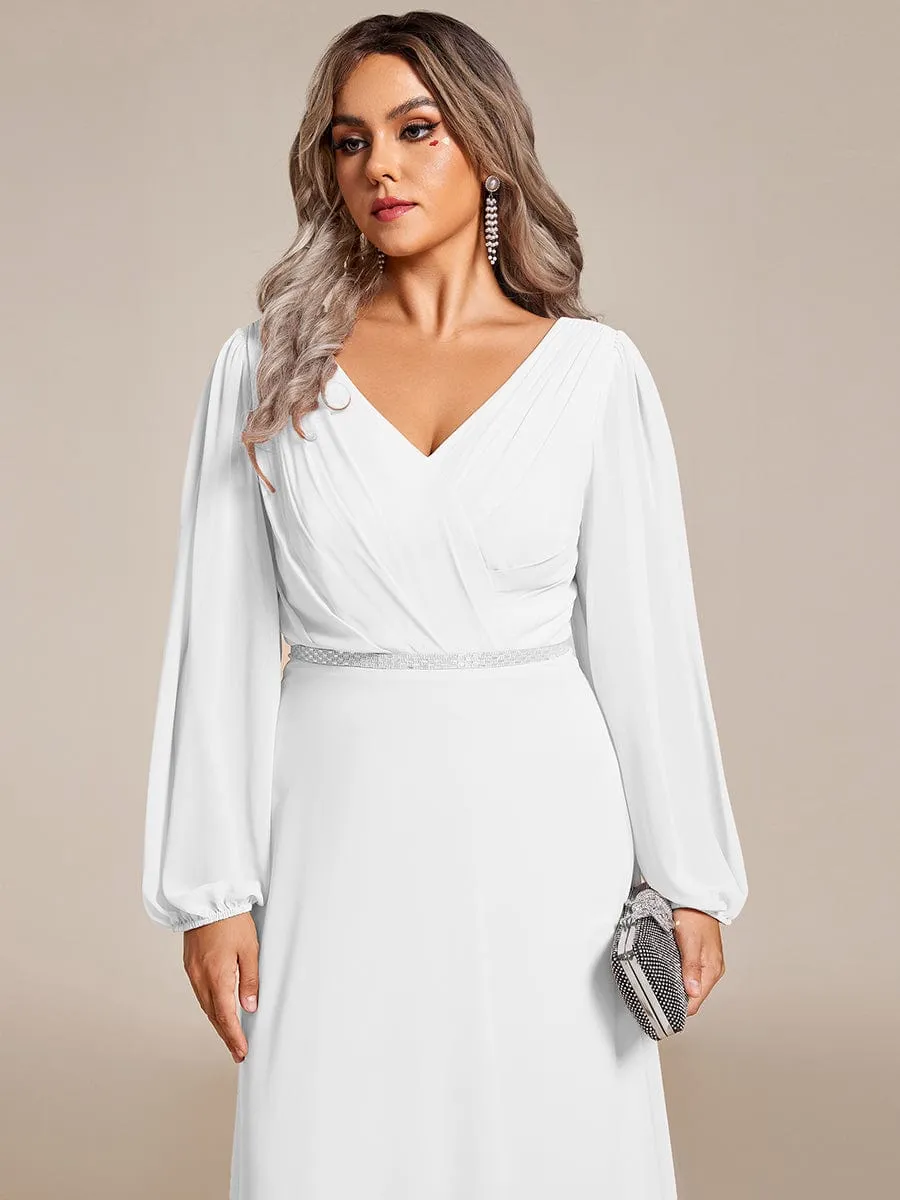 Clara | Plus Size A-Line V-Neck See-Through Long Sleeves Shiny Belt Chiffon Evening Dress