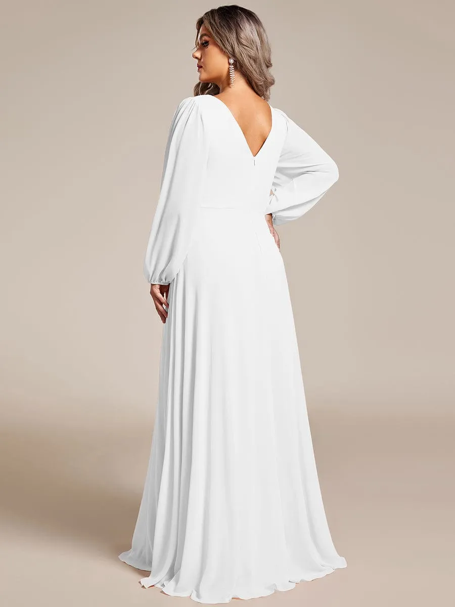 Clara | Plus Size A-Line V-Neck See-Through Long Sleeves Shiny Belt Chiffon Evening Dress