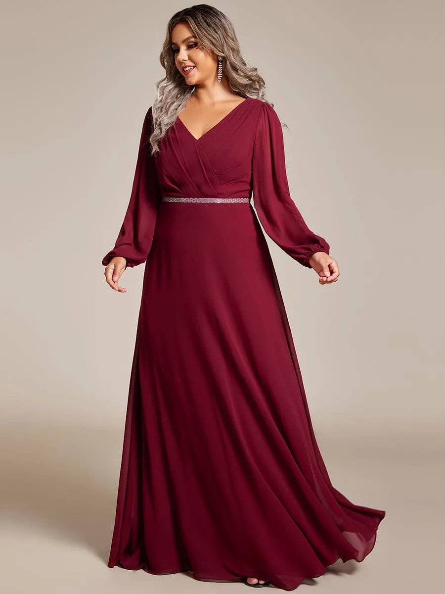 Clara | Plus Size A-Line V-Neck See-Through Long Sleeves Shiny Belt Chiffon Evening Dress