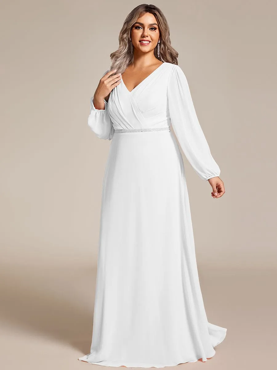 Clara | Plus Size A-Line V-Neck See-Through Long Sleeves Shiny Belt Chiffon Evening Dress