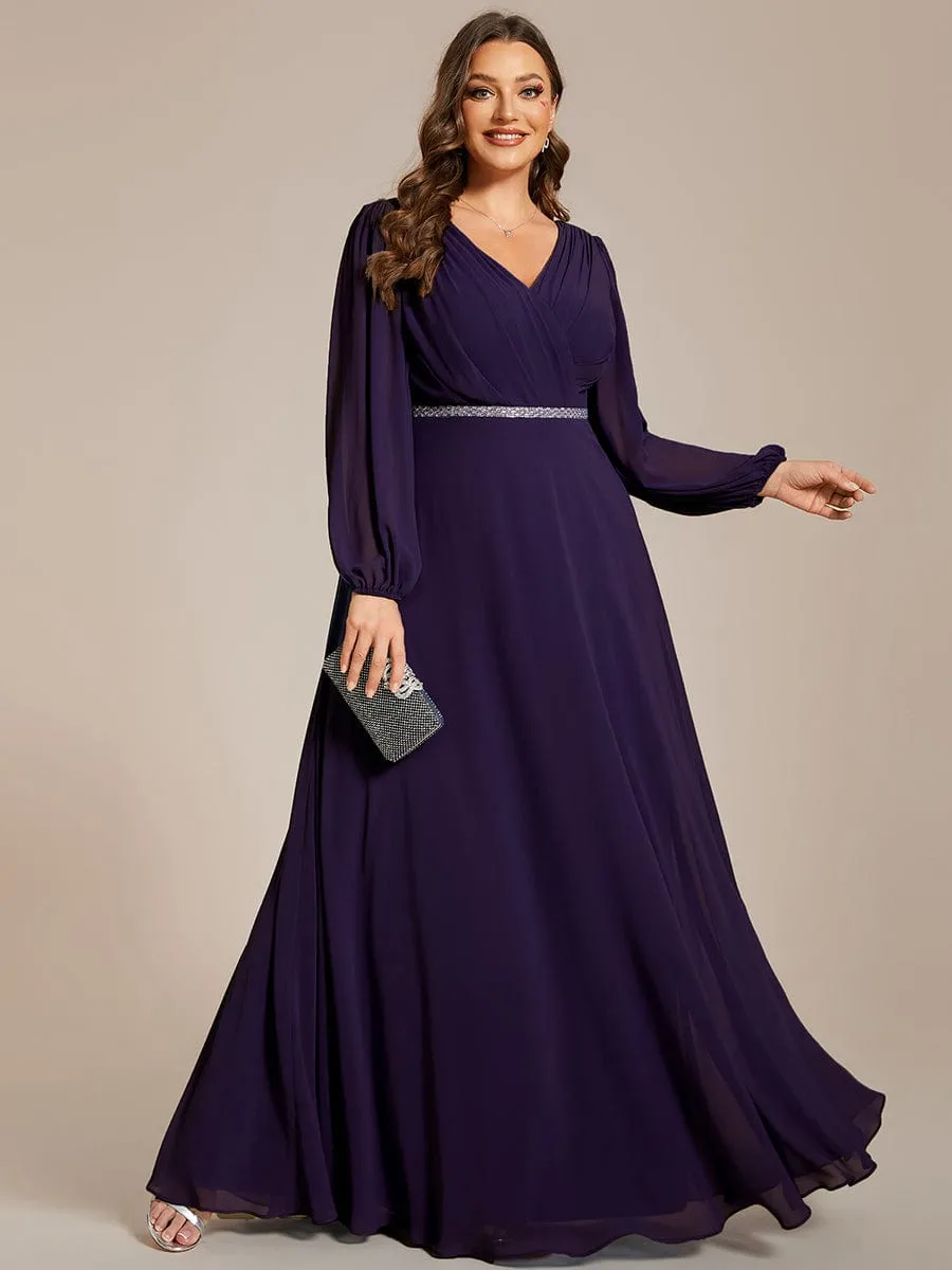 Clara | Plus Size A-Line V-Neck See-Through Long Sleeves Shiny Belt Chiffon Evening Dress