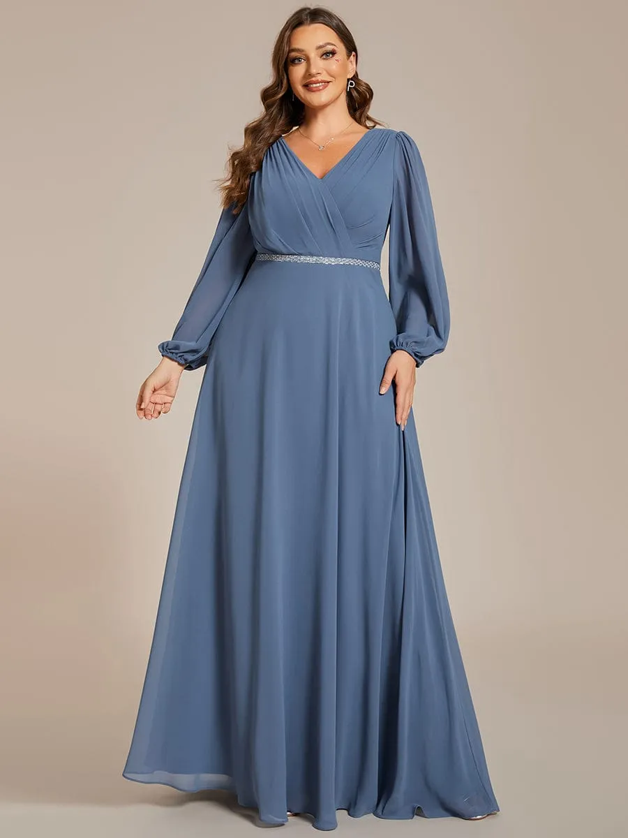 Clara | Plus Size A-Line V-Neck See-Through Long Sleeves Shiny Belt Chiffon Evening Dress