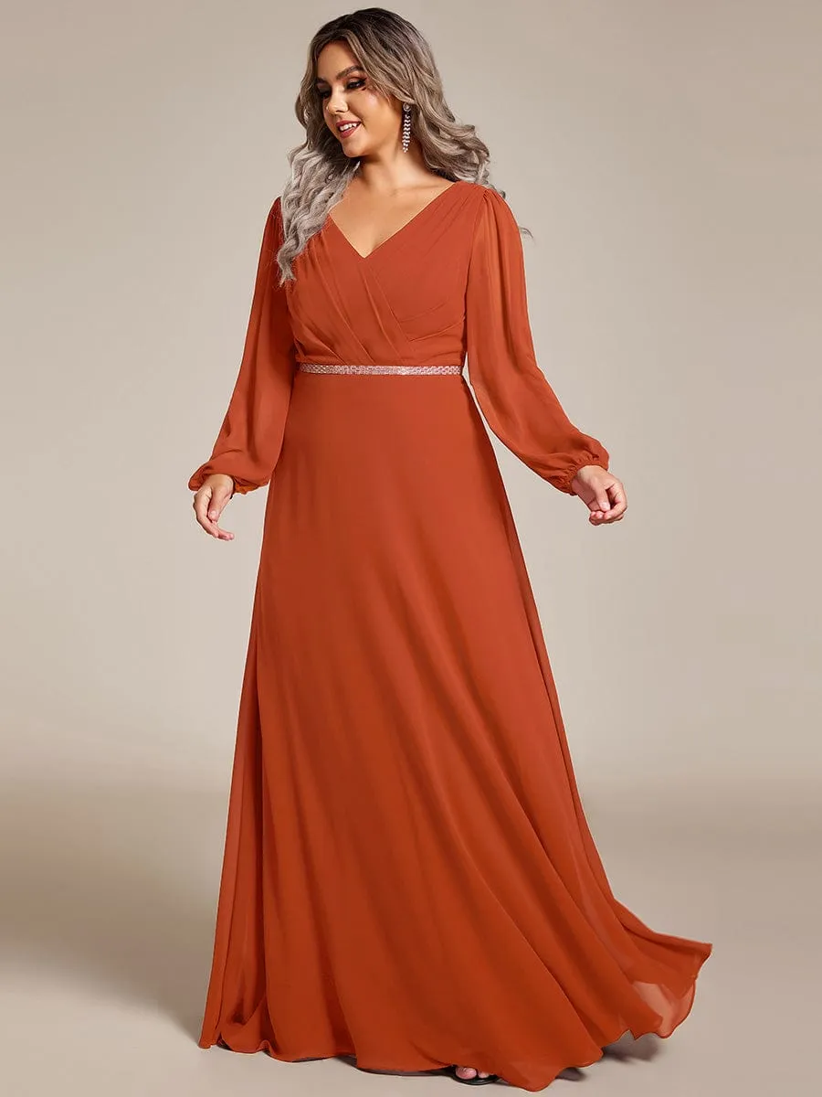 Clara | Plus Size A-Line V-Neck See-Through Long Sleeves Shiny Belt Chiffon Evening Dress