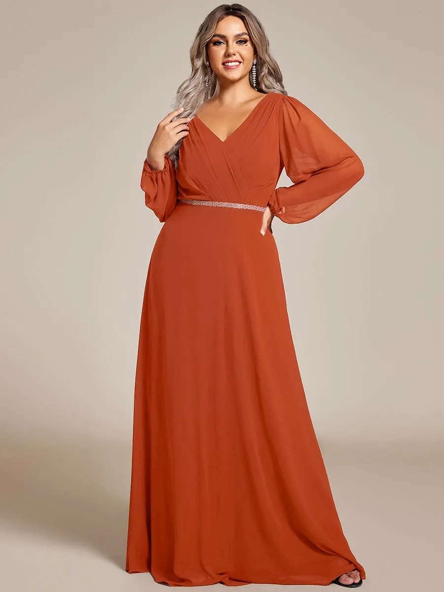 Clara | Plus Size A-Line V-Neck See-Through Long Sleeves Shiny Belt Chiffon Evening Dress