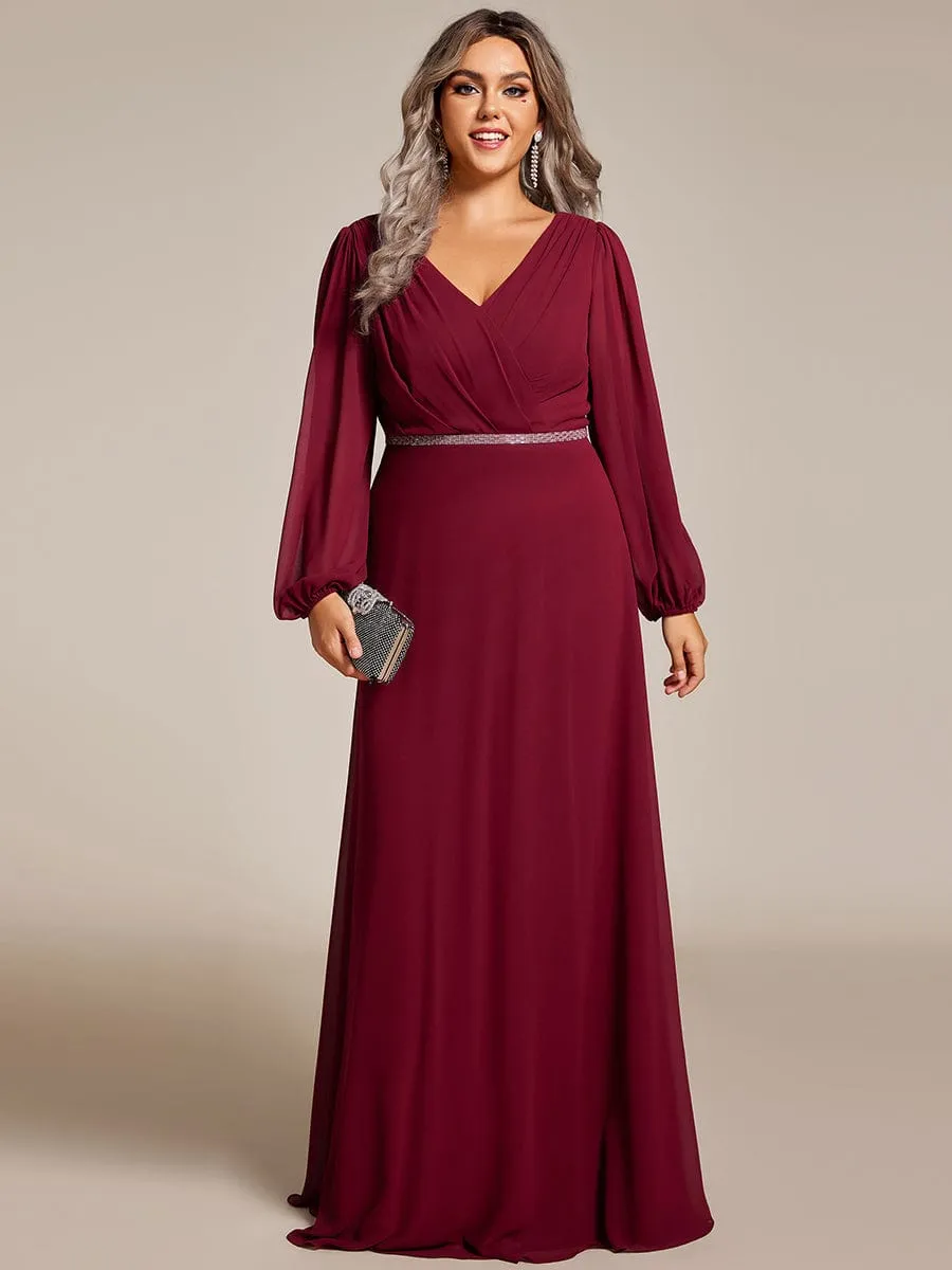 Clara | Plus Size A-Line V-Neck See-Through Long Sleeves Shiny Belt Chiffon Evening Dress